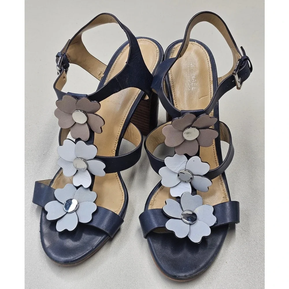 Michael Kors Navy Blue Leather Floral Applique‎ Block Heel Sandals SH16L 9.5M